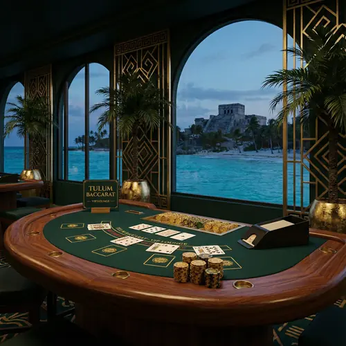 Mesa de bacará VIP con vista al mar Caribe - Ambiente de lujo tropical con cartas y fichas