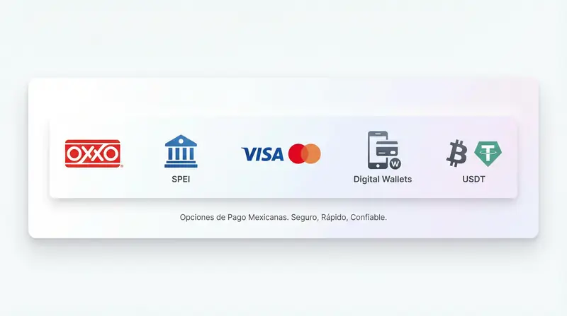 Métodos de pago disponibles: OXXO, SPEI, Visa, Mastercard, Bitcoin y USDT